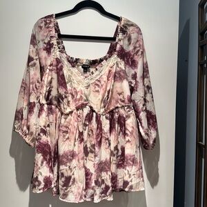 Torrid Pink Floral Empire Top with Lace Neckline Size 1X